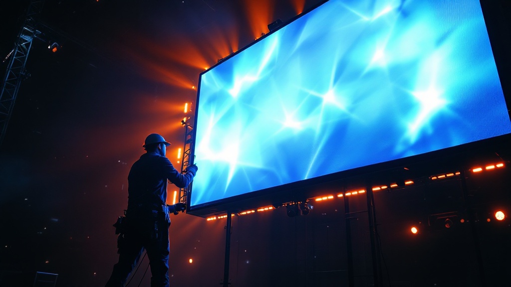 AV technician measuring and installing an LED video wall frame in a venue